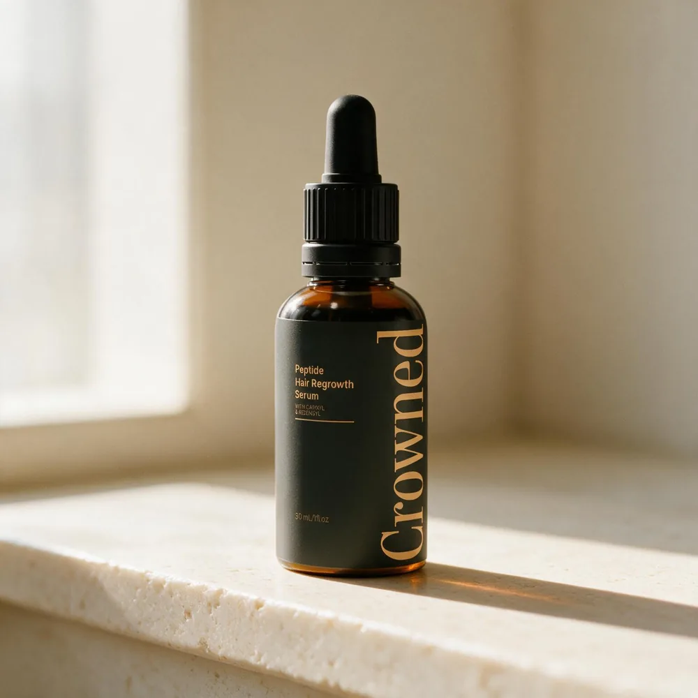 Crowned® serum bottle on a stone ledge in morning light