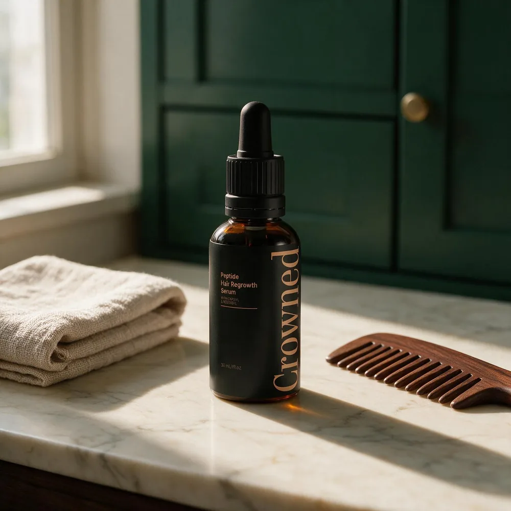 Crowned® serum on a vanity beside a towel and wooden comb